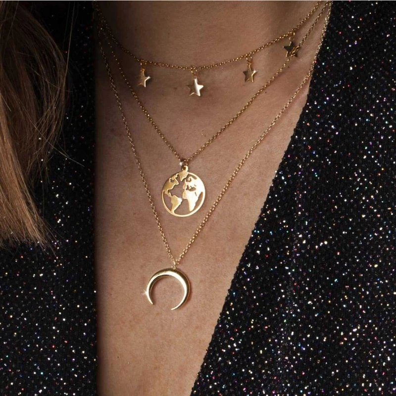 

Three layers Necklace Bead chain choker with star pendant round word map Moon Oxhorn pendant gold color plated for women gift