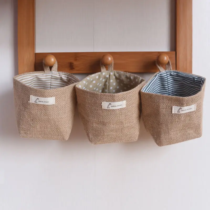 

Hanging Storage Bag Fabric Jute Desktop Storage Bucket Home Office Organizer Flower Pot Small Sack Bathroom Kitchen Basket