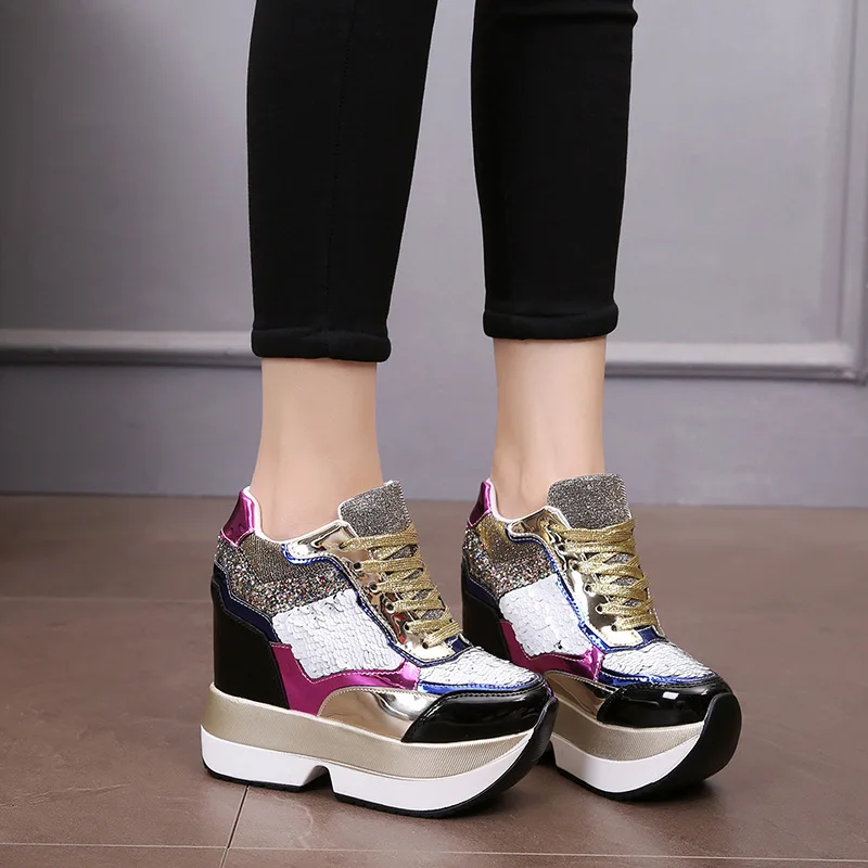 New Arrival Spring Autumn Fashion Casual Shoes Women High Platform 12 cm Thick Soled female Trainers Gold Silver Sneakers | Обувь
