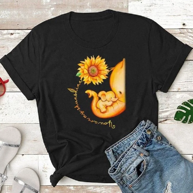 

T-shirt for Women Short-sleeved T-shirt Slim Loose Tops Print Cute Love Sunflower Baby Elephant O-neck Casual Cartoon Regular