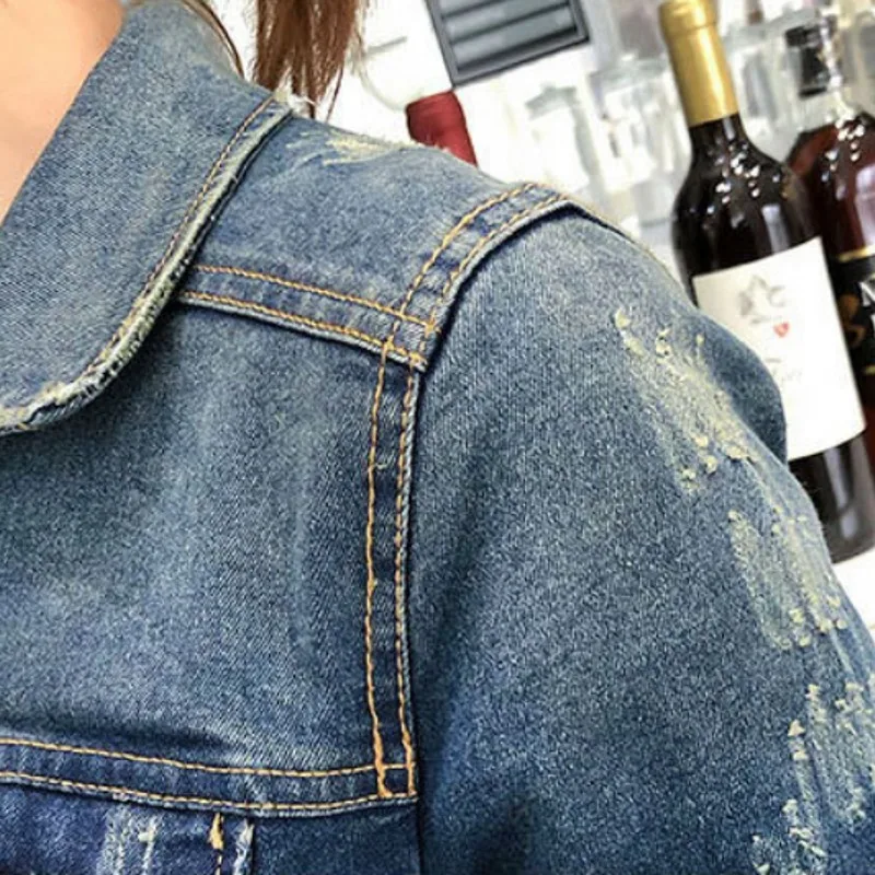 Винтажное рваное облегающее однобортное джинсовое платье с длинным рукавом