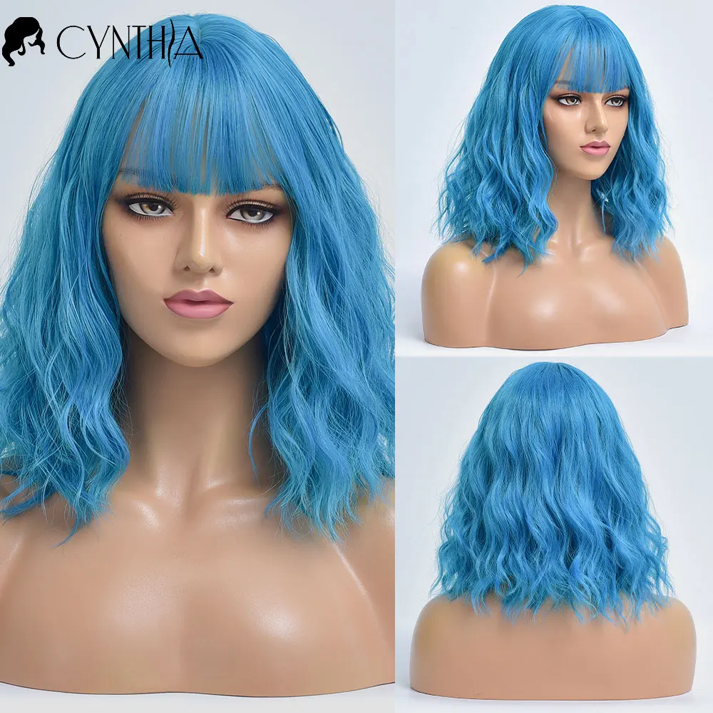 Cosplay Blue Short Wave Colored Hair Synthetic Wigs With Bangs For White Women Natural Heat Resistant Daily Female Fiber Wig