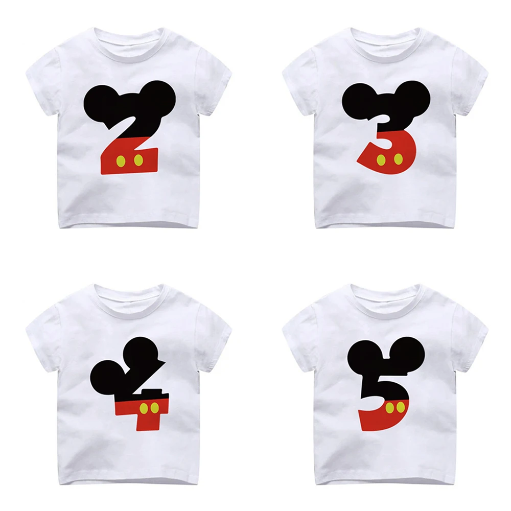 

Baby Girl Boy Birthday Party Numbers 0-9 Cartoon Mickey Minnie Mouse Print T Shirt Kids Tops Children Cute T-Shirt