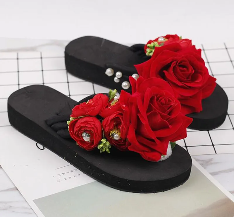 heel high 3 cm Самая популярная модель года; Новинка; Вьетнамки ручной работы с цветами и жемчугом; Летняя женская обувь; сандалии; обувь на танкетке; женские сандалии - Цвет: heel high 3 cm
