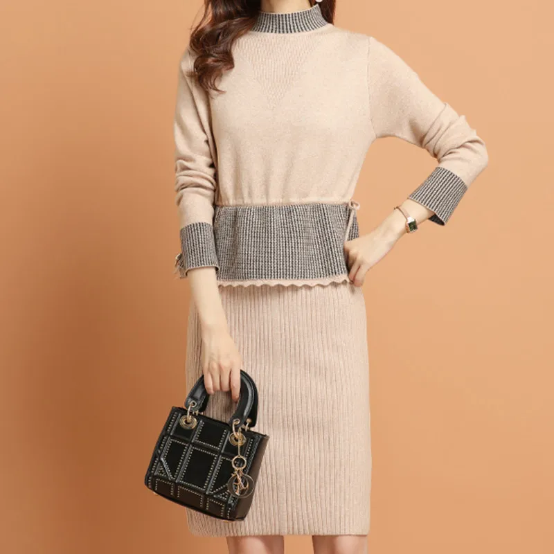 

Fashion 2021 Autumn Knitted Dress Sets Women Skirts High Waist Solid Knee-kength Skirts Girl's Stand Collar Long Sleeve Sweaters