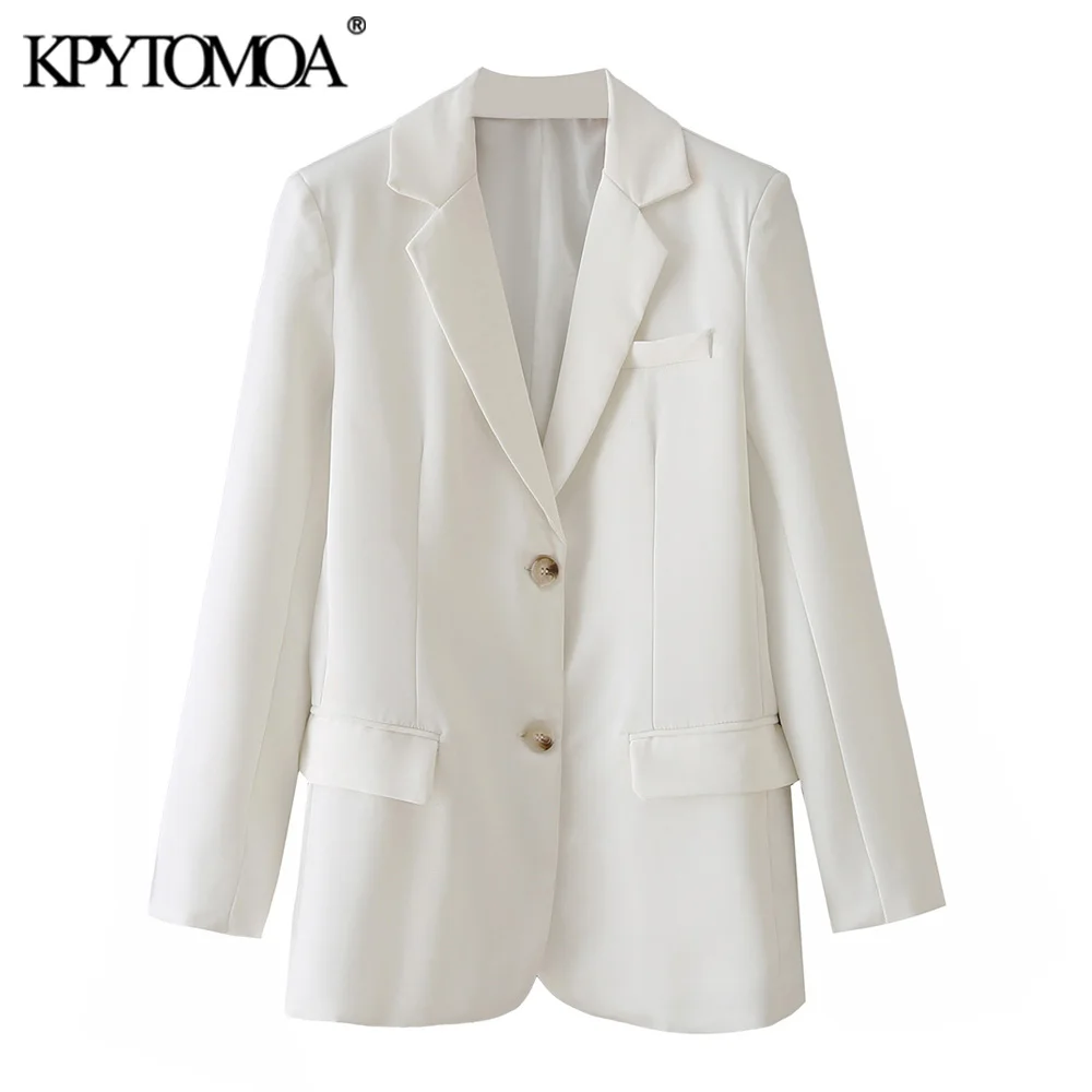 

KPYTOMOA Women Fashion Single Breasted White Blazer Coat Vintage Long Sleeve Welt Pockets Female Outerwear Chic Veste Femme