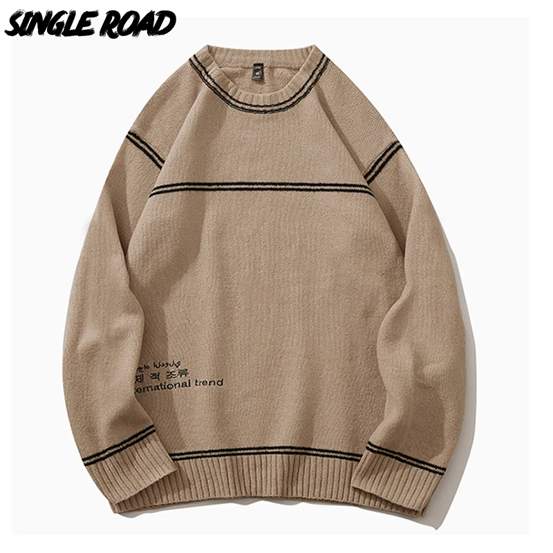 

Single Road Mens Knitted Sweater Men 2021 Winter Striped Vintage Sweaters Pullovers Jumper Male Oversized Khaki Sweater Men