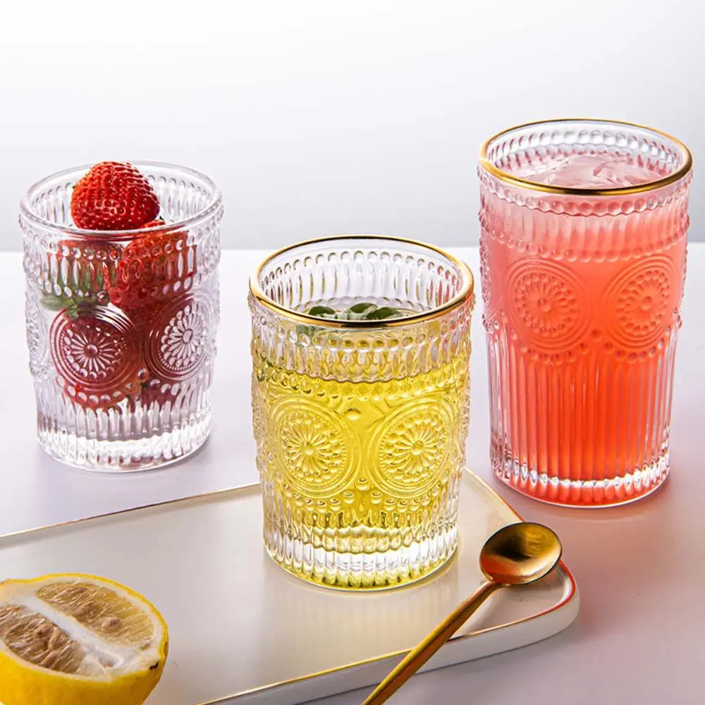 

Nordic Vintage Glass Cup Sun Flower Embossed Wine Glasses Milk Coffee Cup Cold Drink Glass Transparent Water Cups