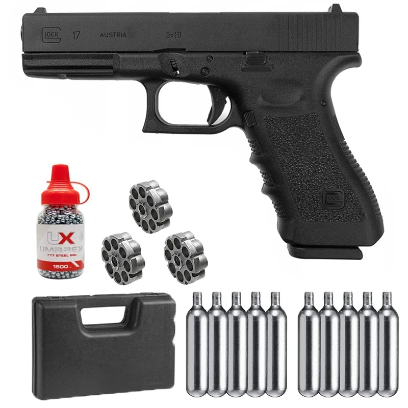 

Pistolet GBB Glock 17 Pistol SET BALLS+Gun Bullet Converter+10X12 Co2 Tanks+1500Ct Steel Bbs Home Deco Metal Wall Sign Vintage