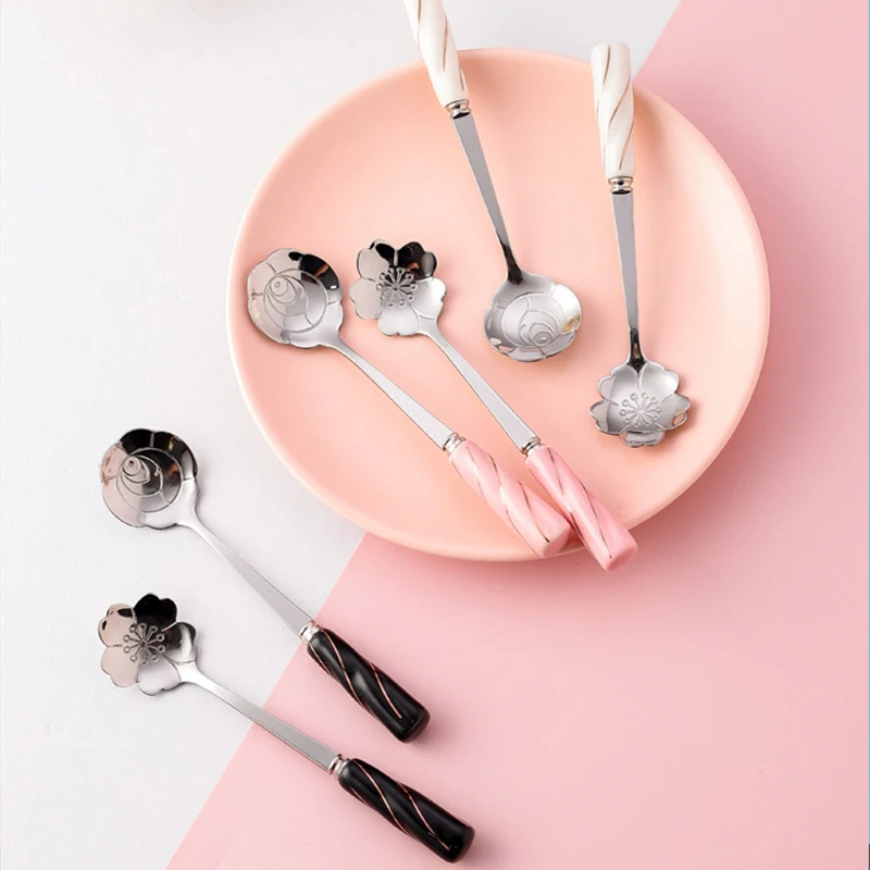 

Stainless Steel Spoon Sakura Cherry Dessert ice cream Spoon Tea Coffee Mixing Spoon Teaspoons Kitchen Tableware Ceramic Handle
