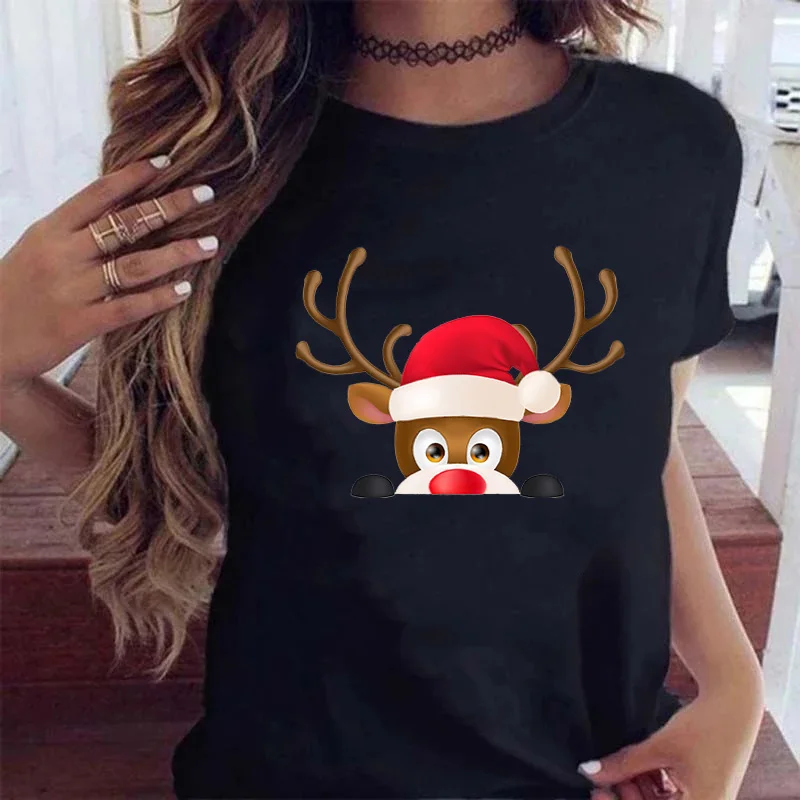 

Black Pink Fashion Merry Christmas Cute Elk Print Women T-shirt Casucal Loose Round Neck Tops 2021 New Hot selling Short sleeve