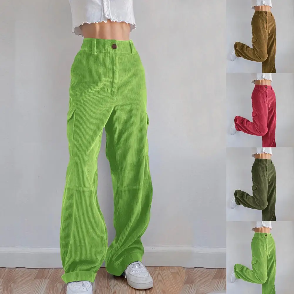 

High Waist Pants Women Solid Color High Waist Pockets Long Loose Straight Pants Corduroy Trousers Pants For Women
