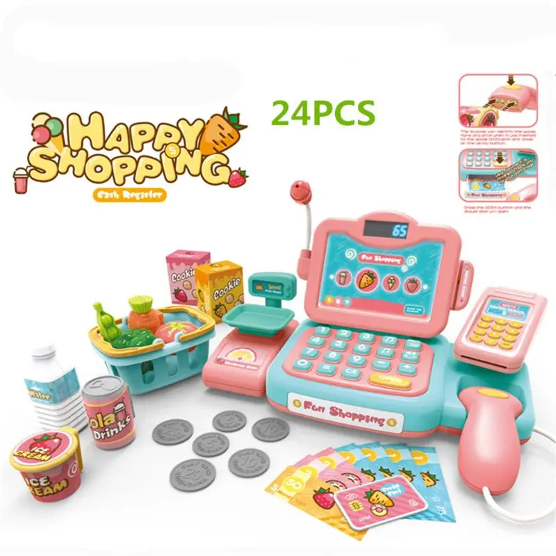

Durable Cash Register Toy Pretend Play Educational Toy With Scanner Sound Music Microphone Calculator Play Money&Grocery