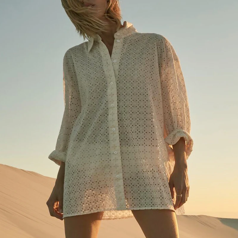 

ZAAHONEW 2021 Women Summer New Hollow Creamy White Shirt Vintage Long Sleeve Casual Turn-down Collar Female Loose Blouses