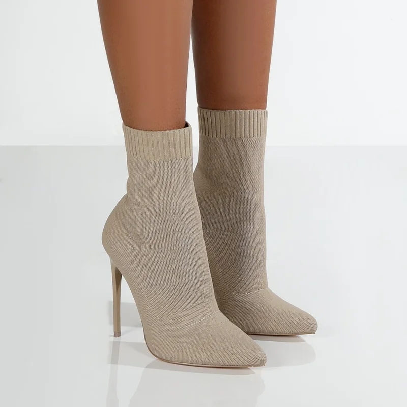 Botas tobilleras de tela elástica para mujer, calcetines sexys de tacón alto con Botines Chelsea, cómodos e informales, talla XL 35 ~ 43 (0)