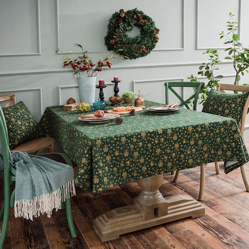 Популярная зеленая Золотая скатерть на стол с рождественской елкой хлопковая