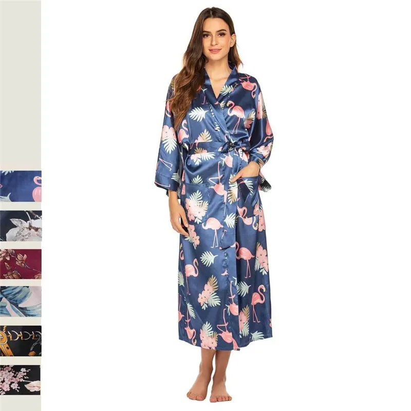 

Hot Printing Summer Satin Kimono Bathrobe Women Bride Bridesmaid Wedding Robe Dress Gown Sexy Flower Home Long Sleepwear XS-2XL