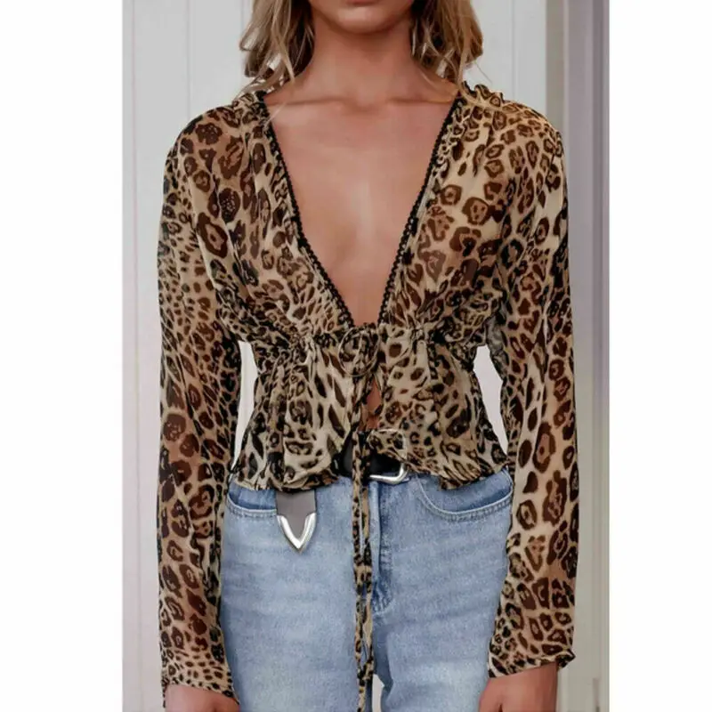 

Sexy Summer Women's Casual Blouse Deep V-Neck Long Sleeve Leopard Print Tops