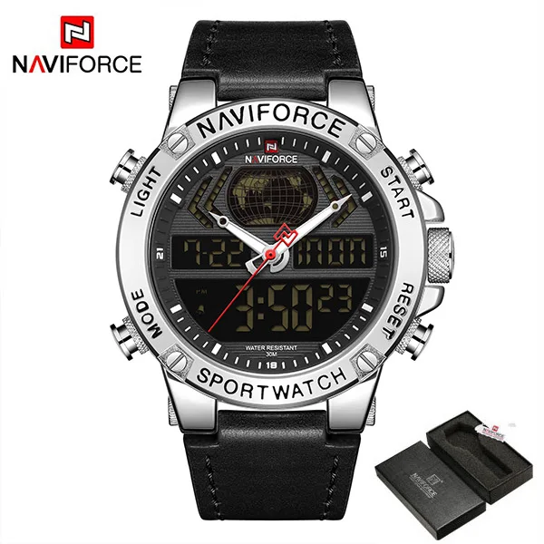 SilverWithBox NAVIFORCE мужские часы Роскошные брендовые кварцевые часы кожаные водонепроницаемые военные часы с двойным дисплеем для мужчин Relogio Masculino - Цвет: SilverWithBox