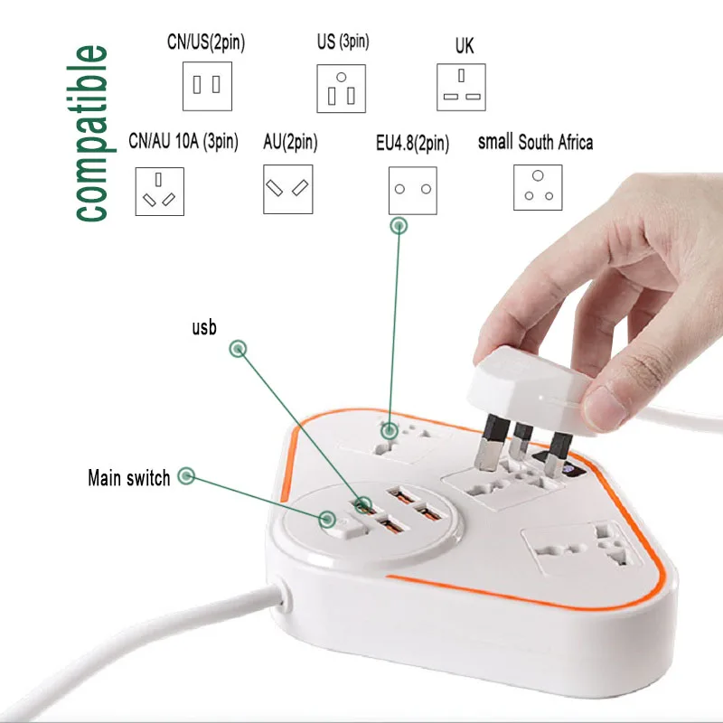 Сетевой удлинитель с 3 розетками переменного тока универсальная розетка для ЕС