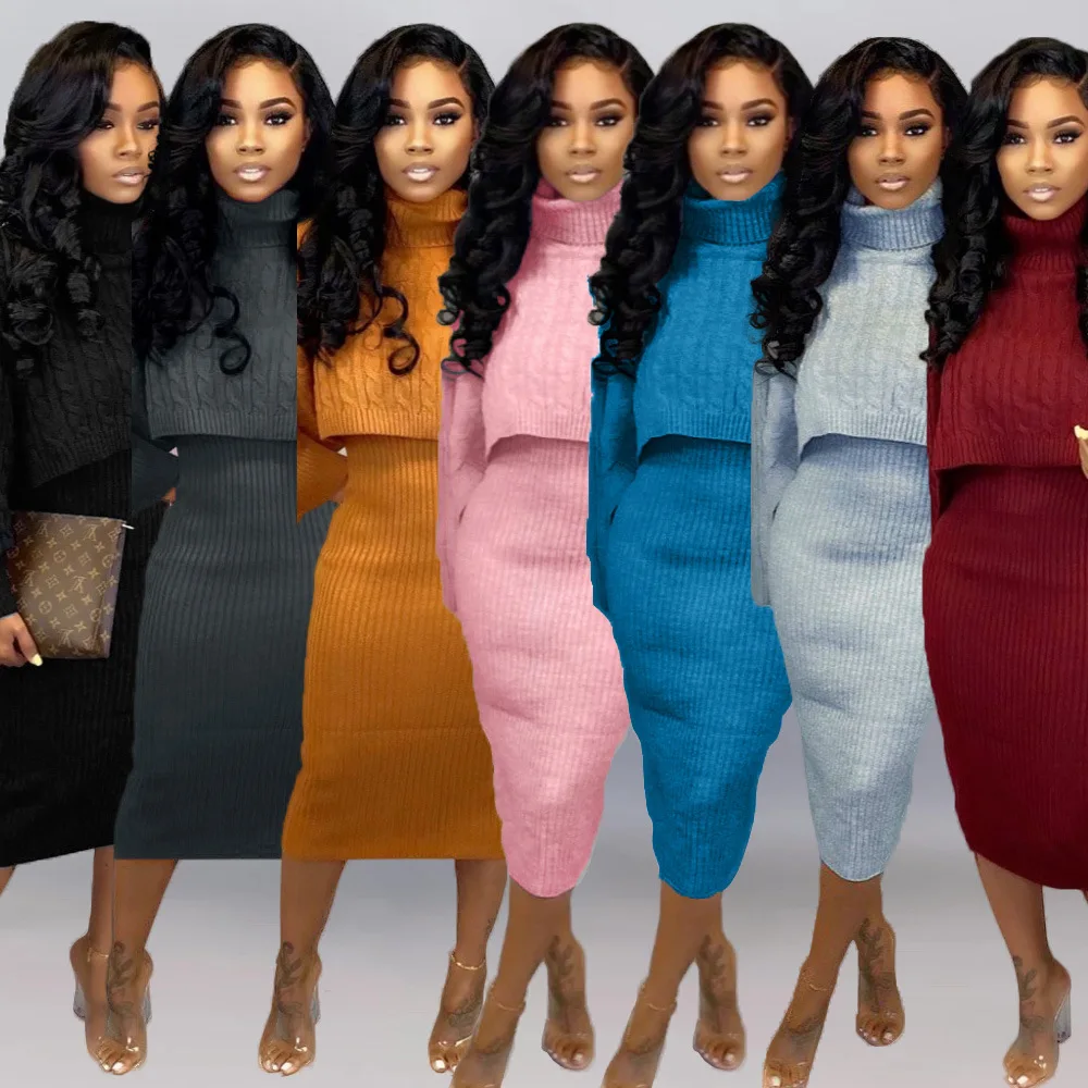 Autumn Winter Knitted Sweater Two Piece Set Turtleneck Long Sleeve Loose Crop Top+ Bandage Midi Tank Dress Plus Size Tracksuit