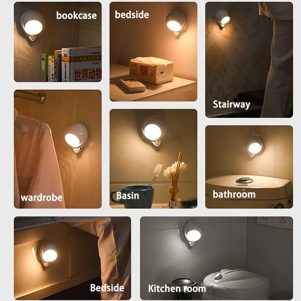 

360 Degree Rotating Rechargeable LED Night Light Security Mini Wall Lamp Motion Sensor Light Bedroom Stair Kitchen Night Lamp