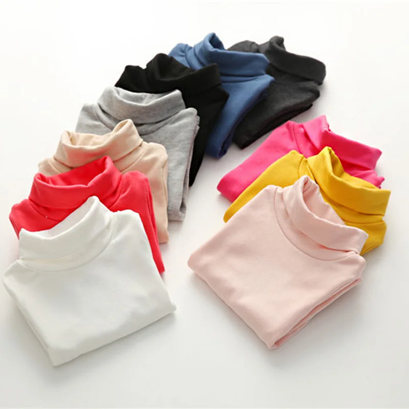

2021 Spring Autumn 2-10T Years Children'S Candy Color Sweet Long Sleeve High Neck Unisex Kids Girl Boy Basic Turtleneck T-Shirt