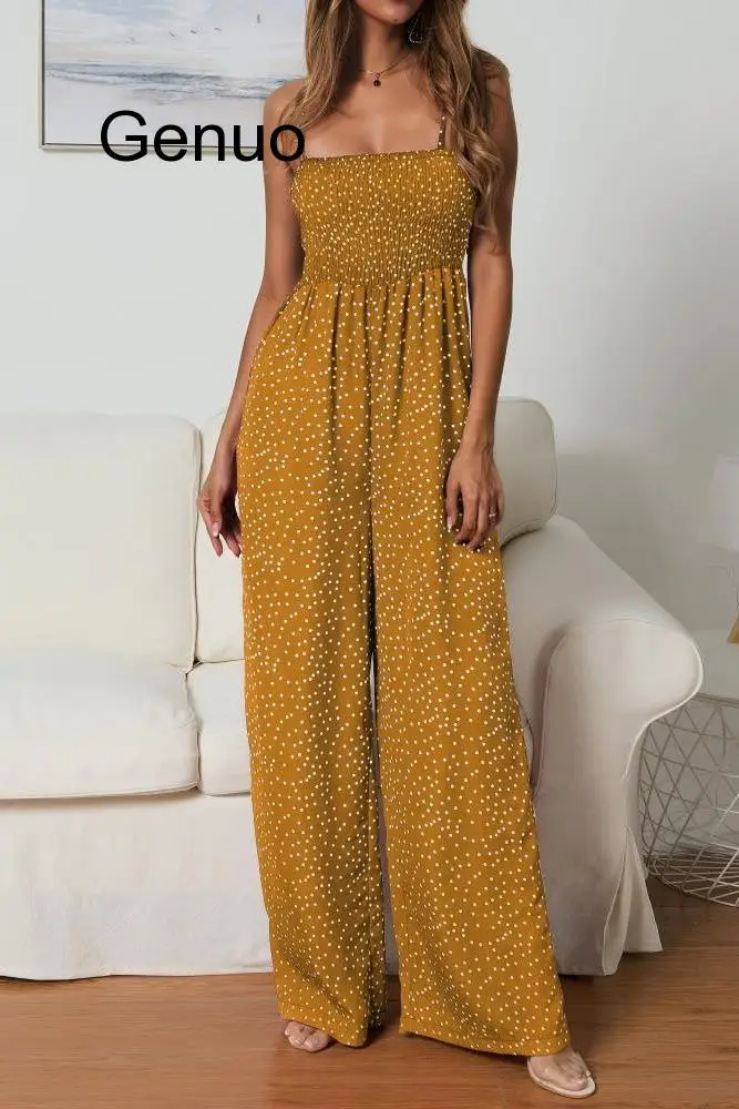 

Summer Jumpsuit Women Polka Dot High Waist Rompers Boho Yellow Spaghetti Strap Top Wide Leg Pants Female Clothes Ladies