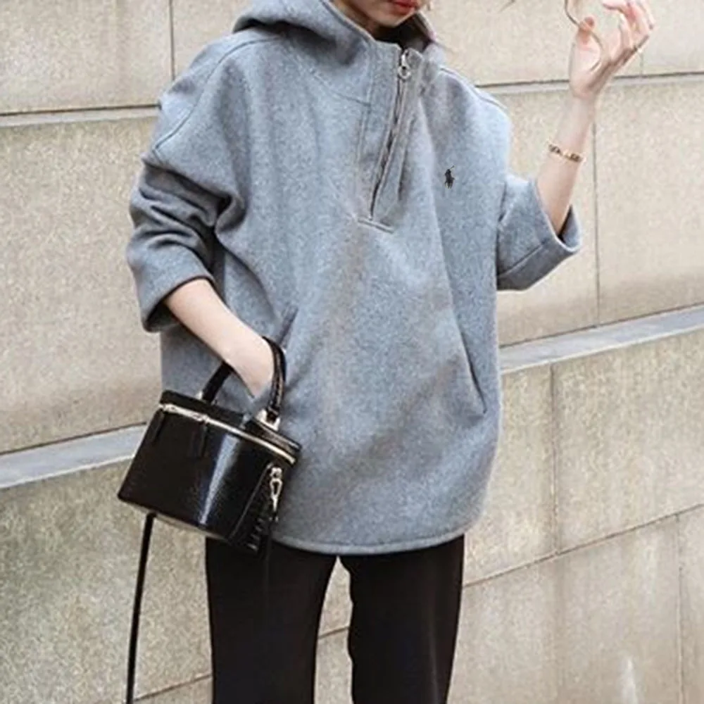 

Женская Повседневная Толстовка с капюшоном, однотонный топ на молнии с карманами и воротником-капюшоном, Свободный пуловер с длинными рука...