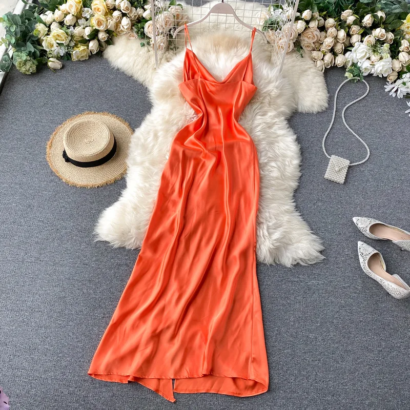 

Women Solid Strap Dress Korean V Neck Asymmetrical Drawstring A Line Dress Summer Elegant Backless Party Maxi Dress DZA344