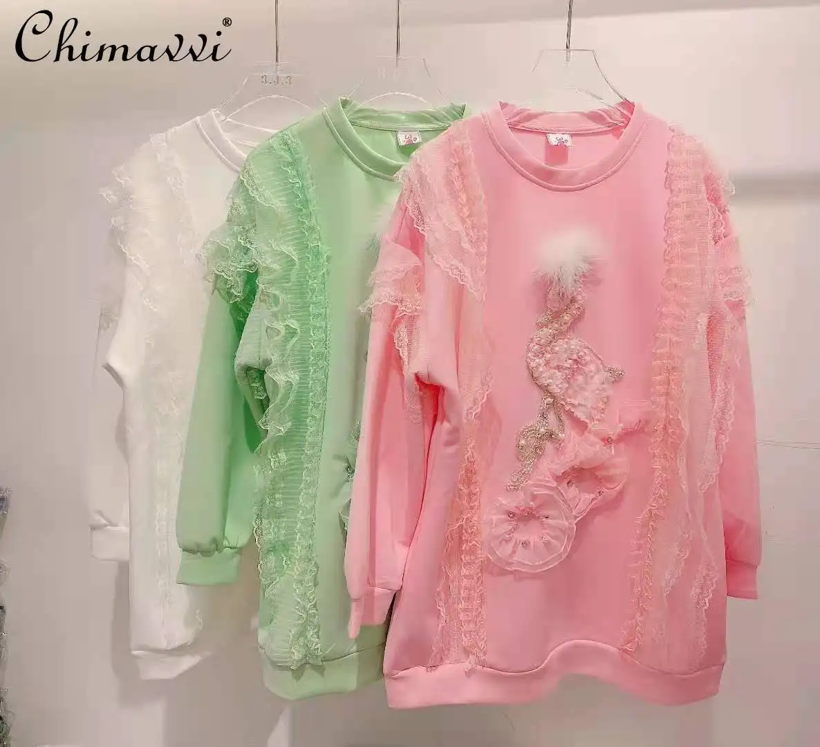 

Women's Cute Hoodies 2021 Autumn New Lace Stitching Cartoon Swan Patched Sweatshirt Loose Slimming Top