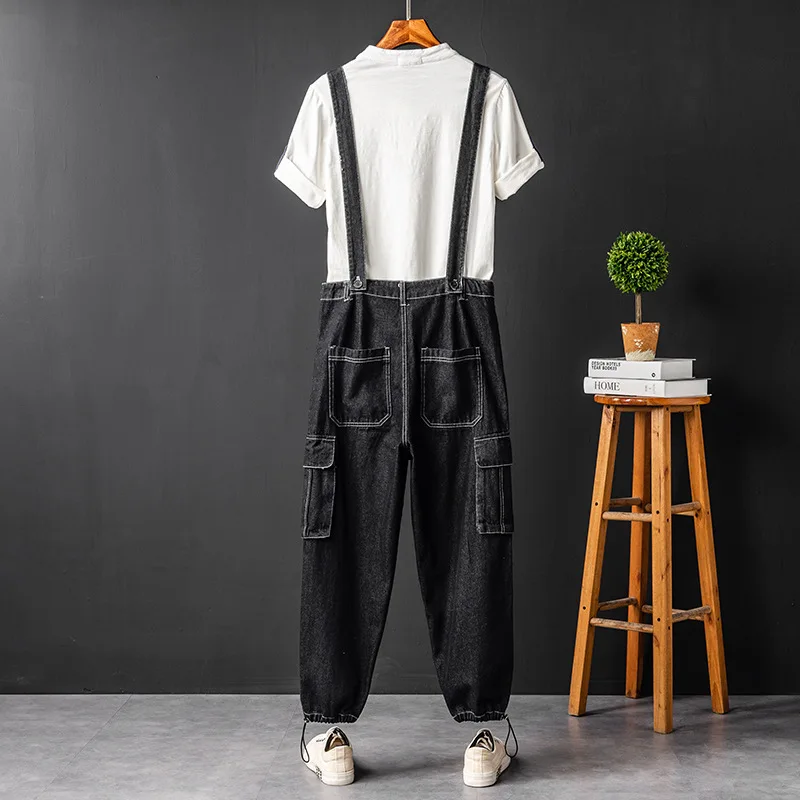 Men Denim Bib Overalls Beam Feet Casual Pants Loose Fashion Big Pocket Hip Hop Streetwear Jumpsuit Black Jeans Freight Trousers