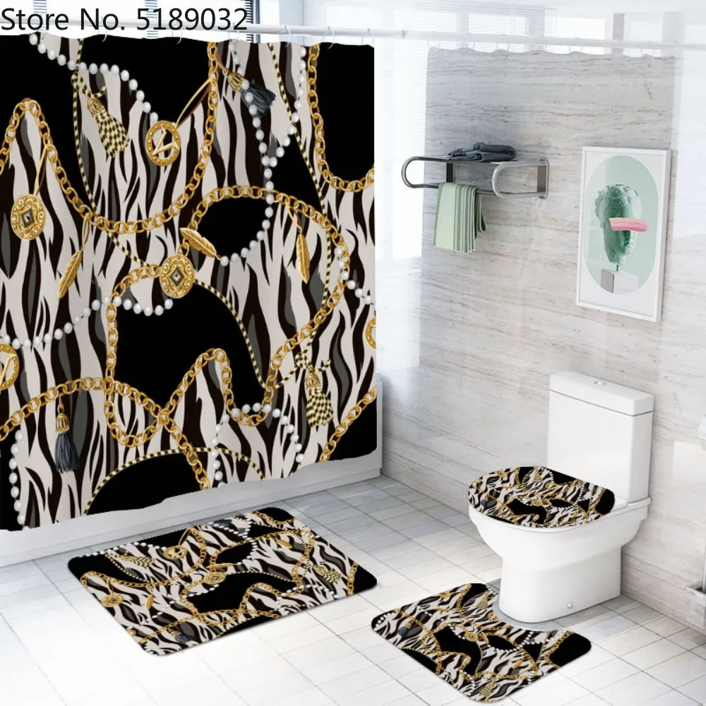 

4 Pieces Sets Luxury Shower Curtain Sets with Bath Rug Toilet Lid Cover Floor Mat Waterproof Bath Curtain Baroque Vintage Style