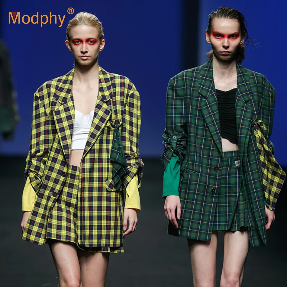 

Fashion Check Women'S Set Blazer Coat & Pleated Mini Skirt 2 Two-Piece Party Runway Skirt Set Female 2020 Autumn New
