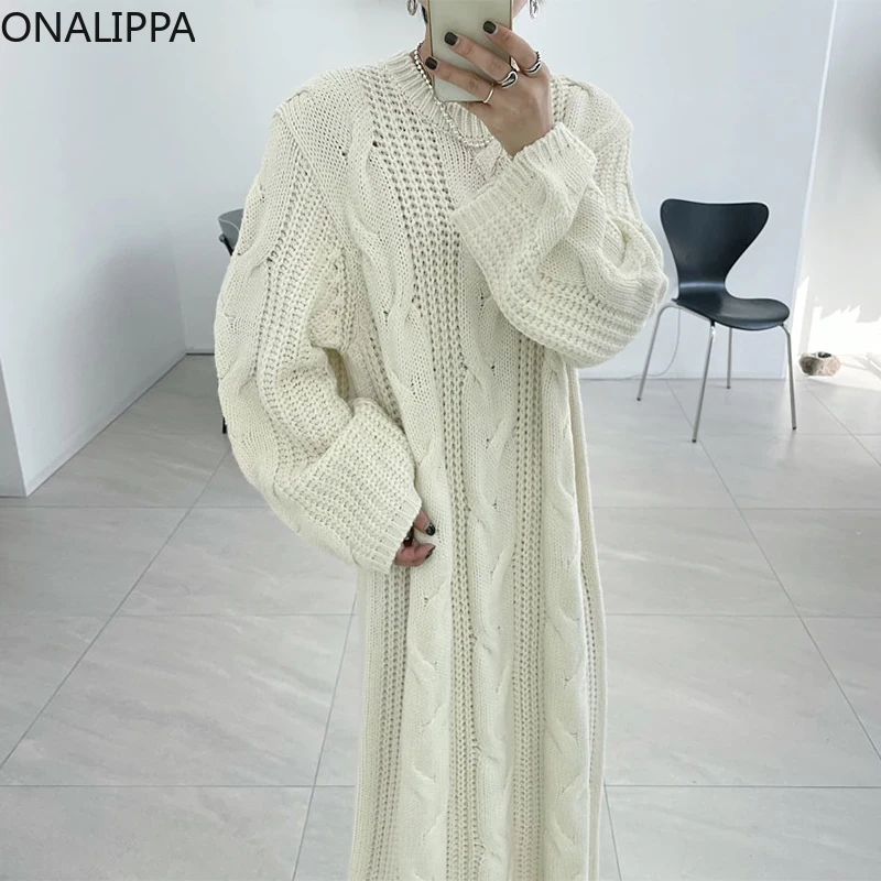 

Женское свободное прямое платье-свитер Onalippa, длинное платье-свитер с круглым вырезом и принтом из конопли, в французском стиле, для ранней о...