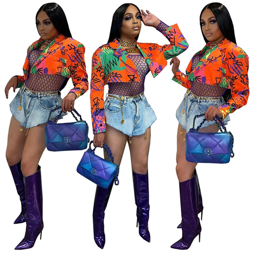 

RStylish Autumn 2021 Vintage Print Women Long Sleeve Slim Fit Outerwear Gothic Clothes Streetwear Cropped Blazer Coat