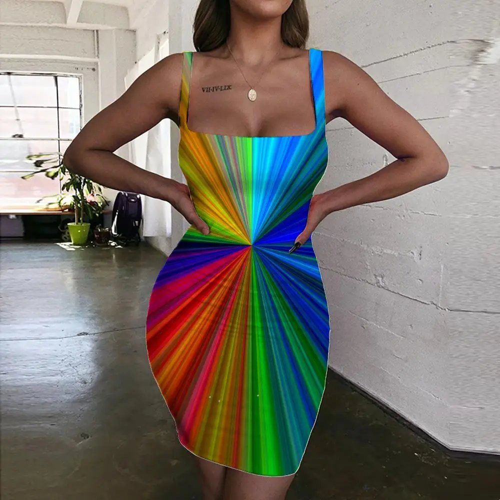 

Giyu Brand Colorful Dresses Women Psychedelic 3d Print Dizziness Ladies Dresses Art Vestido Sexy Halter Sleeveless