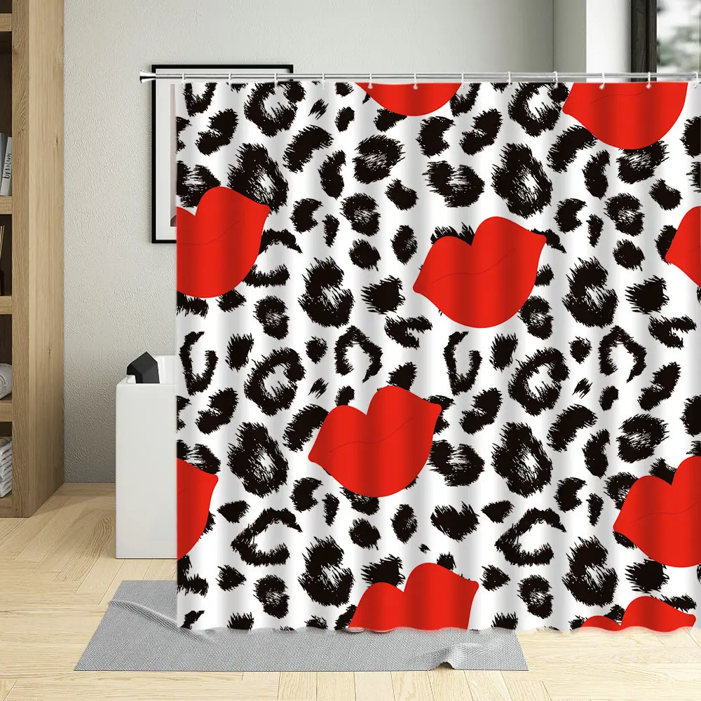 

Sexy Red Lips Leopard Printing Shower Curtain Creative Personality Waterproof Bathroom Decor With Hooks Curtains For Living Room