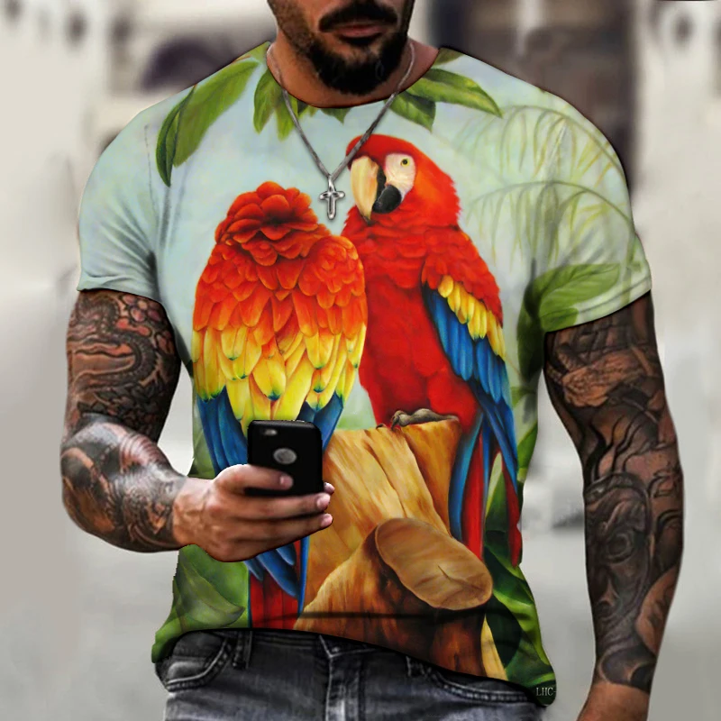 Футболка мужская и женская с 3D-принтом попугаев топ оверсайз коротким рукавом