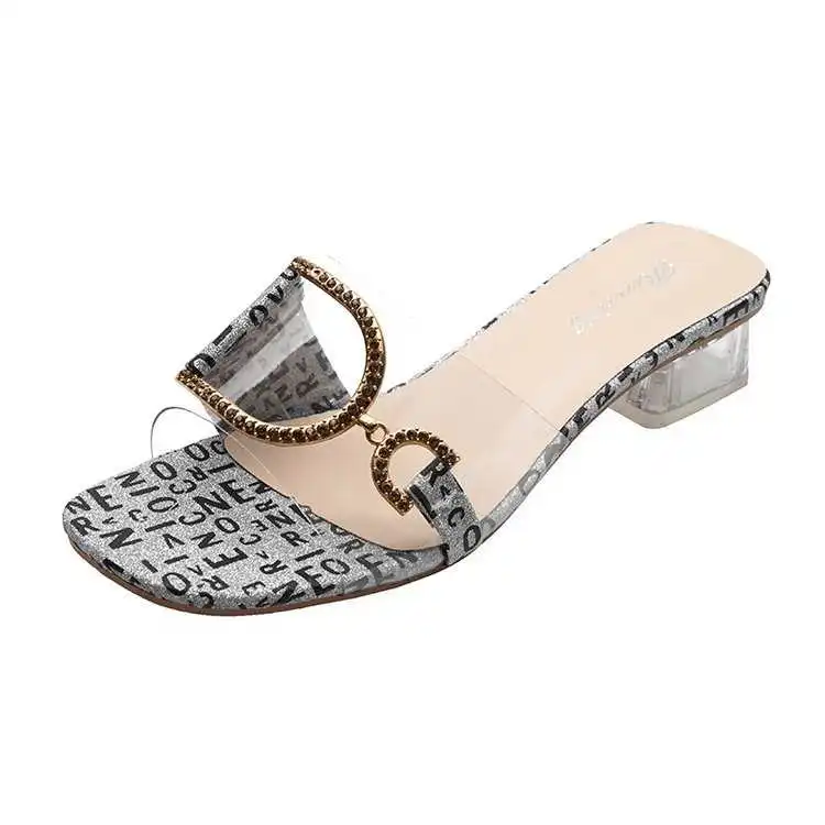

Slippers women's middle heel thick heel square diamond transparent sandal 2021 summer new Korean women's shoes