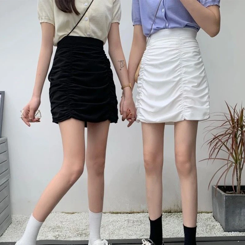 

2021 Summer Sexy Bag Hip High Waisted Mini Skirt White Black Pleated A-Line Skirts Short