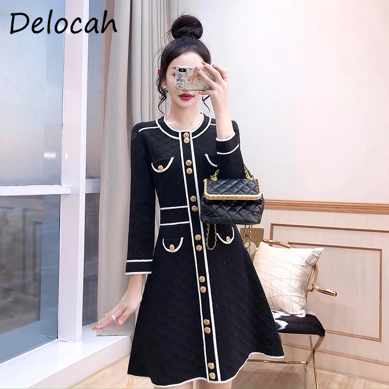 

Delocah Women Summer Fashion Designer Party Short Dress Fake Pocket Button Long Sleeve Elegant Bodycon Ladies A-Line Dresses