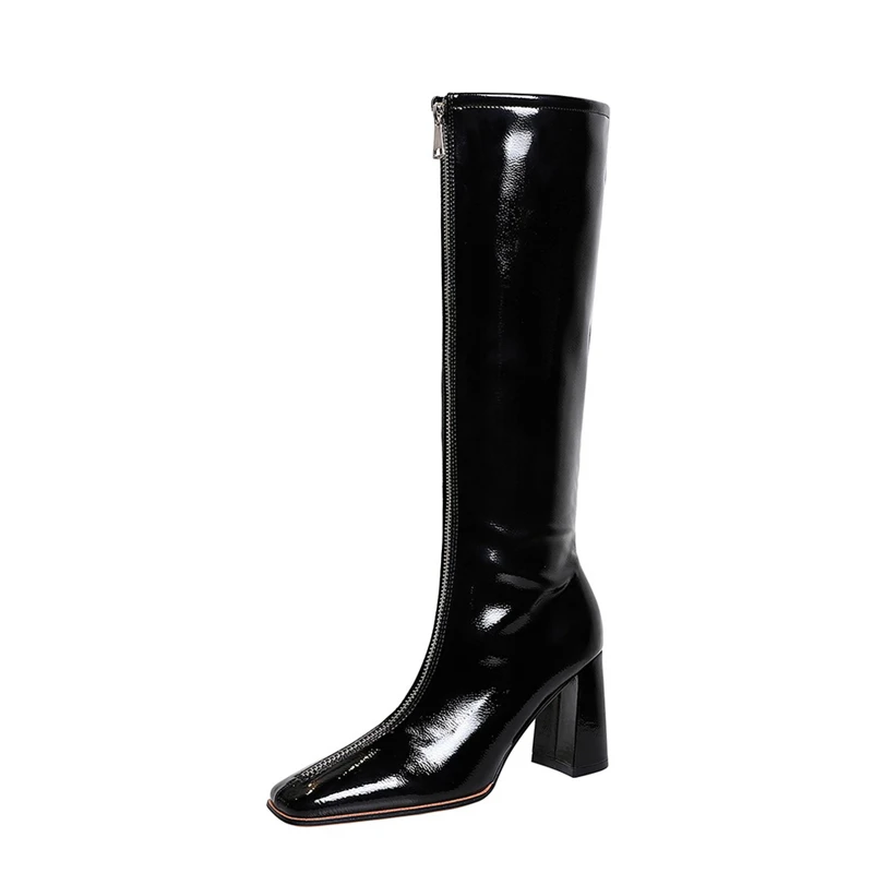 

{D&Henlu}Women's Shoes New Fashion Sexy Autumn Winter Boots Style High Thick Heel Square Toe Zipper Patnet Leather knee Slim