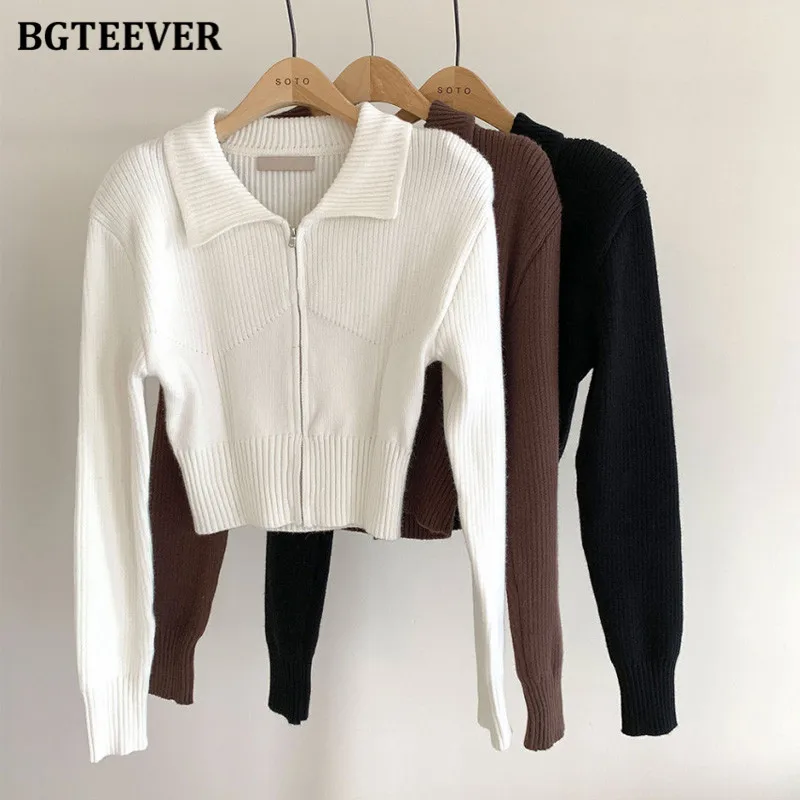 

BGTEEVER Casual Slim Turn-down Collar Women Knitted Cardigans Autumn Winter Long Sleeve Zipper Up Female Short Knitwear Tops