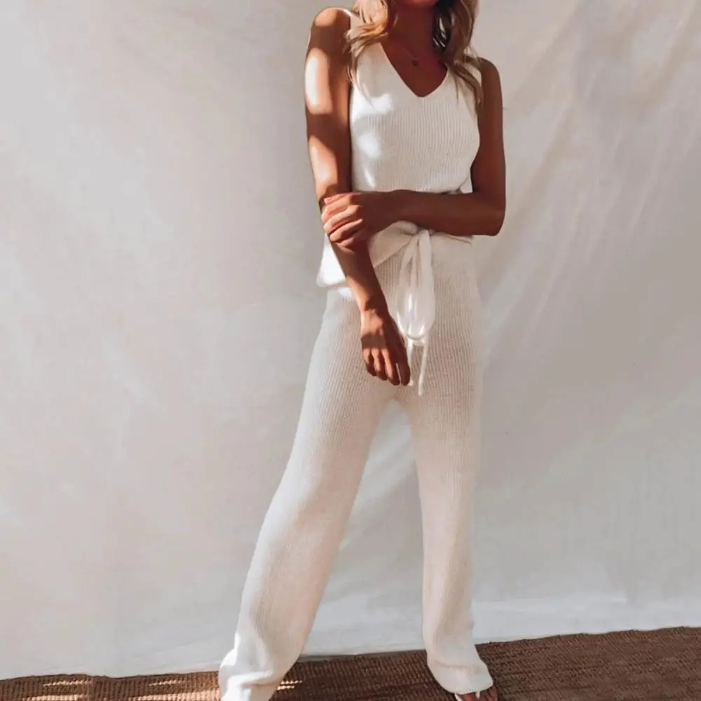 

Women's Casual Knit 2 Pcs Set Autumn Winter Outfit Sleeveless Sweater Vest Top And Drawstring Pants Female Sexy Set Solid color