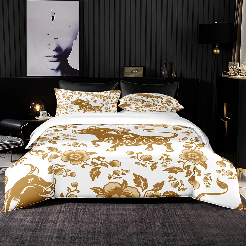 

Vintage Ox Print Duvet Cover Chinoiserie Elegant Bedding Set with Pillowcase,hot Recommend for Double King Queen Full Size