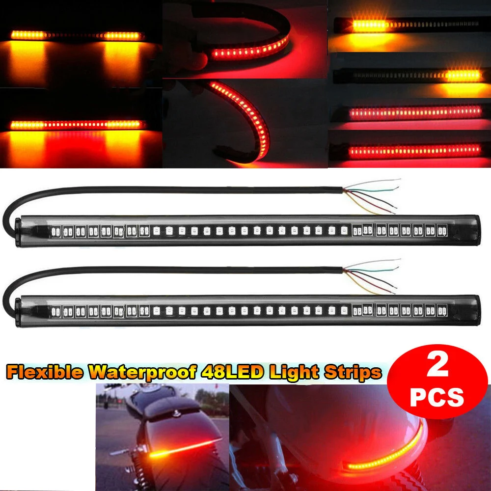 

2pcs 48 LEDs Motorcycle Soft Rubber Light Bar Strip Tail Brake Stop Turn Signal Lights License Plate Light Universal