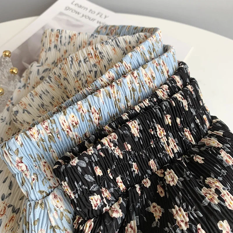 

2021 Spring High Waist Flower Print Women Chiffon Skirt Stretch Waist Vintage A-Line Long Skirt Casual Faldas Jupe Femme Saia