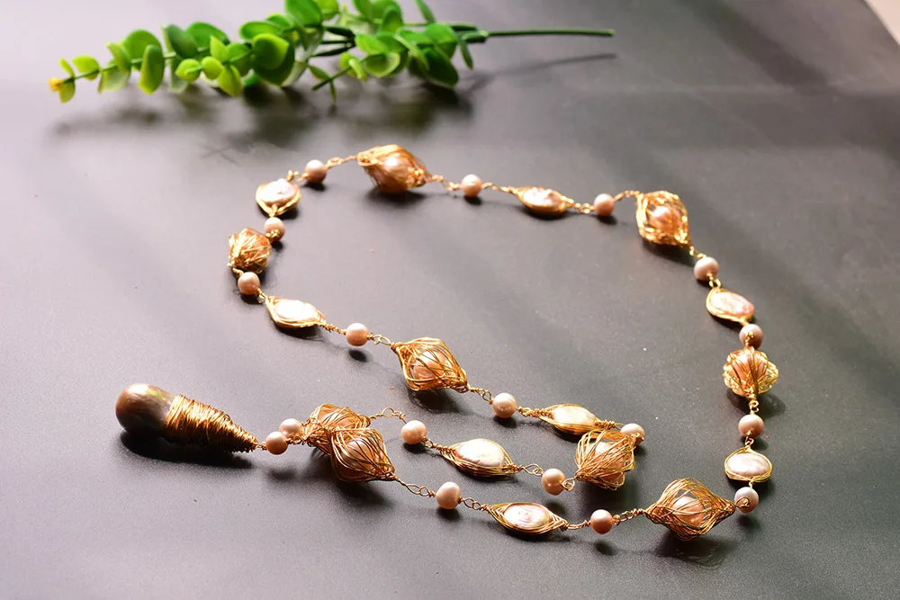 

GLSEEVO Natural Freshwater White Baroque Pearl Long Necklace Handmade Women Accessories Wedding Love Gifts Luxury Jewelry GN0084