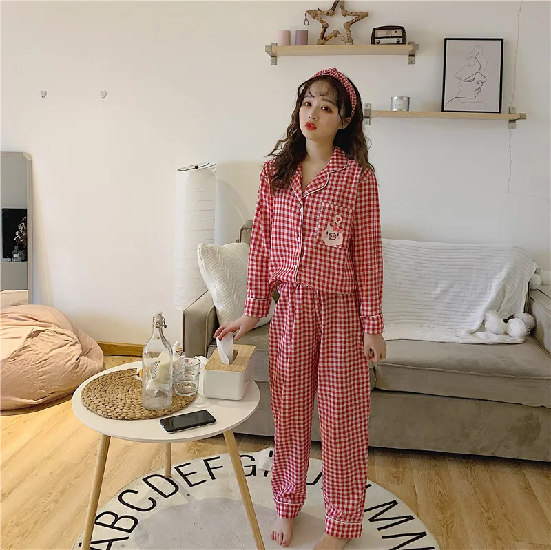 

Корейская кавайная клетчатая Пижама с мультяшным принтом, женская одежда для сна, комплект из 2 предметов, домашняя одежда с длинным рукавом...